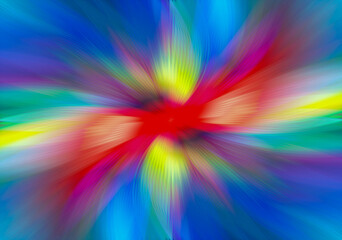 Abstract multicolored zoom effect background. Digitally generated image. Rays of versicolor light. Colorful radial blur, fast speed zooming motion, sunburst or starburst. Use for Banner Background