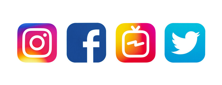 Kiev, Ukraine - August 24, 2018: This is a photo set of most  popular social media logos printed on paper:  Facebook, IGTV, Twitter, Instagram.
