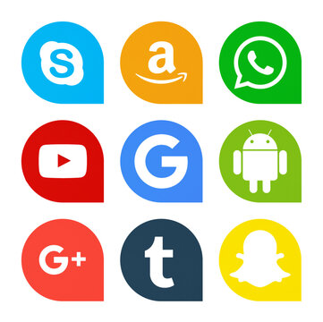 Kiev, Ukraine - October 25, 2018: This is a photo set of popular social media icons printed on white paper: Skype, Amazon, WhatsApp, YouTube, Google, Android, Snapchat, Google Plus, Tumblr.