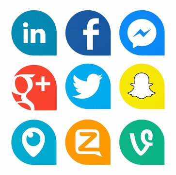 Kiev, Ukraine - October 25, 2018: This is a photo set of popular social media icons printed on white paper: Linkedin, Facebook, Messenger, Twitter, Periscope, Zello, Snapchat, Google Plus, Vine.