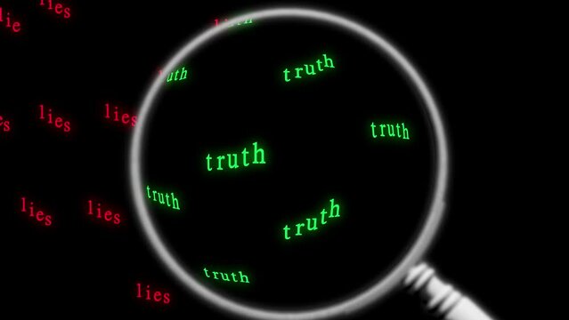 the red words lie move on a black background and when they pass under a magnifying glass they turn into green truth. Social issues animation
