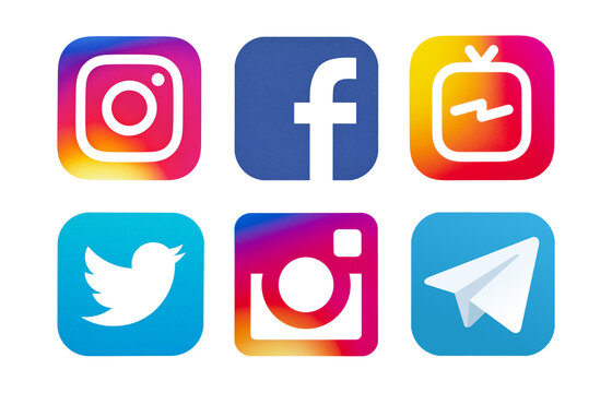 Kiev, Ukraine - August 24, 2018: This is a photo set of most  popular social media logos printed on paper: Facebook, IGTV, Twitter, Instagram, Telegram.