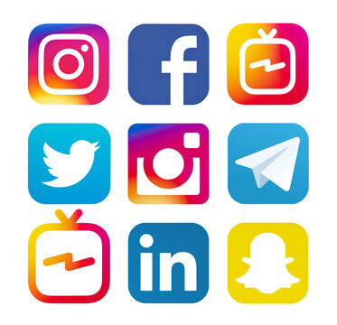 Kiev, Ukraine - August 24, 2018: This is a photo set of most  popular social media logos printed on paper: Facebook, IGTV, Twitter, Instagram, Telegram, Snapchat, Linkedin.