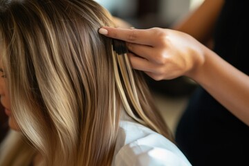 Fototapeta premium Hairdresser doing hair rebonding to long hair in the hair salon