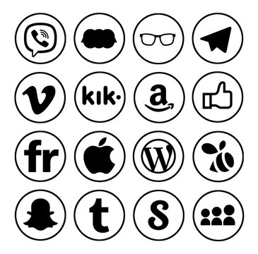 Kiev, Ukraine - Nobember 05, 2016: Set of popular social media icons printed on white paper: Viber, Vimeo, Flicklr, Snapchat, Tumblr, MySpace,Telegram, Kik, Amazon, Facebook, Apple