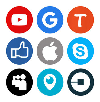 Kiev, Ukraine - September 29, 2017: Set of popular social media icons printed on white paper: Facebook, Tango, Apple, Google, Youtube, Periscope, Skype, Uber, MySpace.