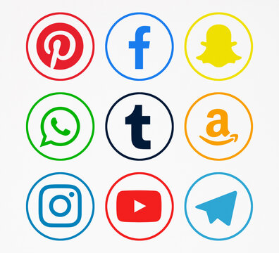 Kiev, Ukraine - June 10, 2019: This is a photo set of most  popular social media logos printed on paper: Facebook, Instagram,  Tumblr, Amazon, Pinterest, Snapchat, WhatsApp,YouTube, Telegram.