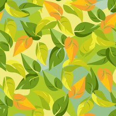 Seamless pattern with colorful autumn leaves. Leaf fall of cartoon style on abstract spots background, saturated yellow green and orange colors. Vector print for season design, wallpaper or textile.