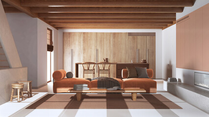 Minimal modern wooden kitchen and living room in white and orange tones. Sofa, staircase and dining island. Luxury interior design