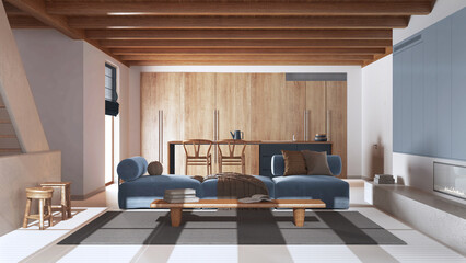 Minimal modern wooden kitchen and living room in white and blue tones. Sofa, staircase and dining island. Luxury interior design