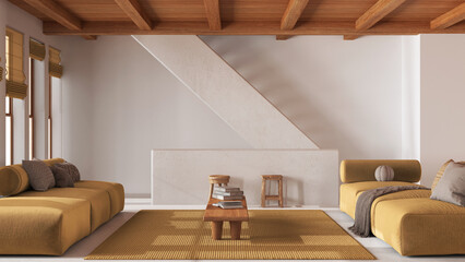 Minimal living room in white and yellow tones with wooden beams ceiling. Sofa with coffee table and staircase. Japandi mediterranean interior design