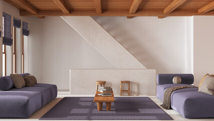 Minimal living room in white and purple tones with wooden beams ceiling. Sofa with coffee table and staircase. Japandi mediterranean interior design - obrazy, fototapety, plakaty