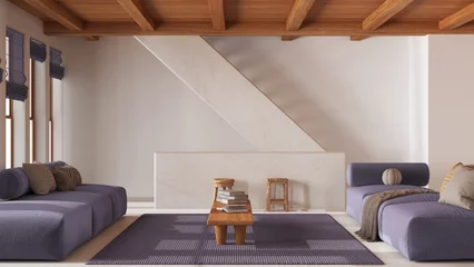 Fotobehang Japandi Minimal living room in white and purple tones with wooden beams ceiling. Sofa with coffee table and staircase. Japandi mediterranean interior design  © ArchiVIZ