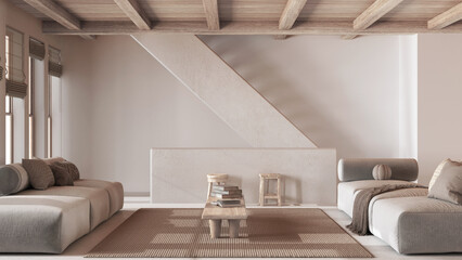 Minimal living room in white and beige tones with bleached wooden beams ceiling. Sofa with coffee table and staircase. Japandi mediterranean interior design - obrazy, fototapety, plakaty