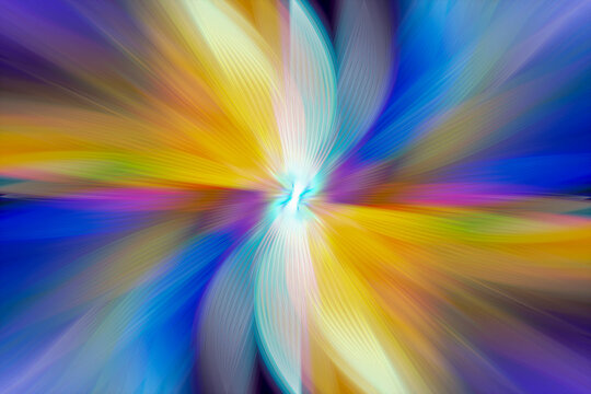 Abstract multicolored zoom effect background. Digitally generated image. Rays of versicolor light. Colorful radial blur, fast speed zooming motion, sunburst or starburst. Use for Banner Background