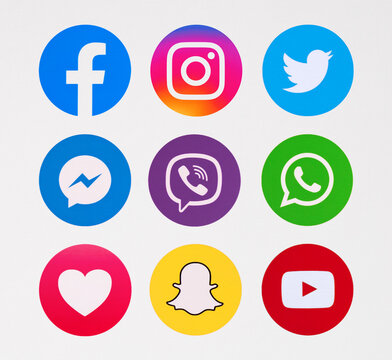 Kiev, Ukraine - January 06, 2020: This is a photo set of most  popular social media logos printed on paper: Facebook, Instagram, Snapchat, WhatsApp, Messenger, Viber.