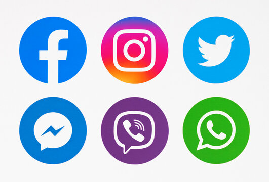 Kiev, Ukraine - January 06, 2020: This is a photo set of most  popular social media logos printed on paper: Facebook, Instagram,  Twitter, Snapchat, WhatsApp, Messenger, Viber, YouTube.