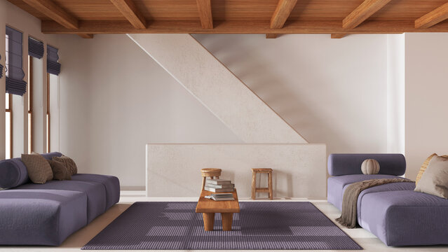 Minimal living room in white and purple tones with wooden beams ceiling. Sofa with coffee table and staircase. Japandi mediterranean interior design