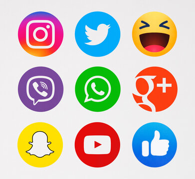 Kiev, Ukraine - January 06, 2020: This is a photo set of most  popular social media logos printed on paper: Instagram,  Twitter, Snapchat, WhatsApp, Google Plus, Viber, YouTube.