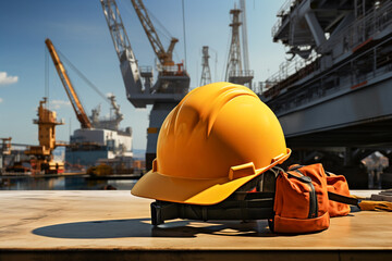 yellow helmet for working in the industry with a crane in the port. Occupational Risk Prevention. Security equipment in the work