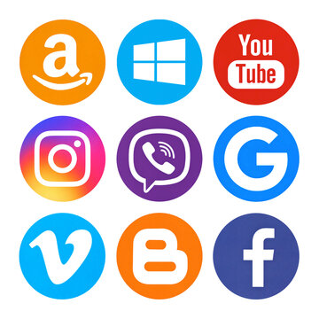 Kiev, Ukraine - April  21, 2017: Set of popular social media icons printed on white paper: Facebook, Youtube, Instagram, Amazon, Windows10, Viber, Google, Vimeo, Blogger.