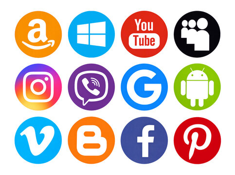Kiev, Ukraine - April  21, 2017: Set of popular social media icons printed on white paper: Facebook, Youtube, Instagram, Amazon, Windows10, Viber, Google, Vimeo, Blogger, MySpace, Android, Pinterest.