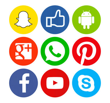 Kiev, Ukraine - September 29, 2017: This is a photo set of popular social media icons printed on white paper: Facebook, Youtube, Snapchat, Google Plus, WhatsApp, Android, Pinterest, Skype.