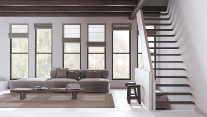 Minimal living room in white and beige tones with dark wooden beams ceiling and windows. Sofa with coffee table and staircase. Modern mediterranean interior design