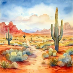 Fototapeten 広大な砂漠とサボテンの水彩イラスト © ayame123