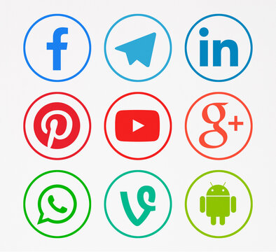 Kiev, Ukraine - June 10, 2019: This is a photo set of most  popular social media logos printed on paper: Facebook, Telegram, LInkedin, Pinterest, YouTube, Google Plus, WhatsApp, Vine, Android.