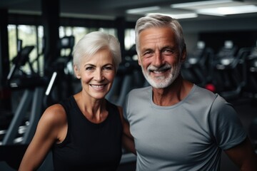 Fototapeta premium Elderly happy couple in athletic fit in the background of the gym.