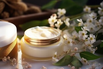 Fototapeta na wymiar Natural cosmetics concept. Jar with natural cream among flowers illuminated by sunlight.
