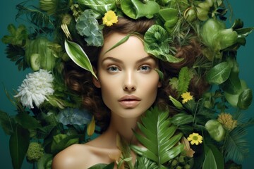 Concept of natural beauty. Portrait of a curly haired brown girl covered with tropical leaves and flowers.