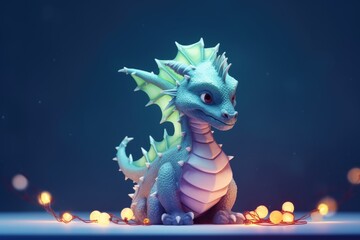 Fototapeta premium Cute New Year dragon with light garland on a blue background.