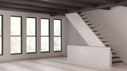 Empty room interior design, open space with resin floor, window and white walls, dark wooden beams ceiling and staircase, minimal modern architecture concept idea