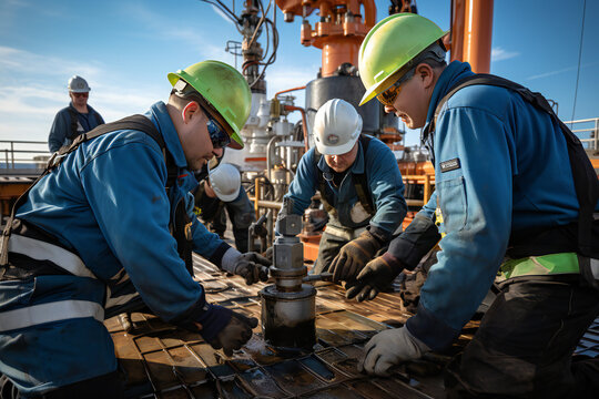 Drilling platform with workers performing maintenance, repairing, hard hats
