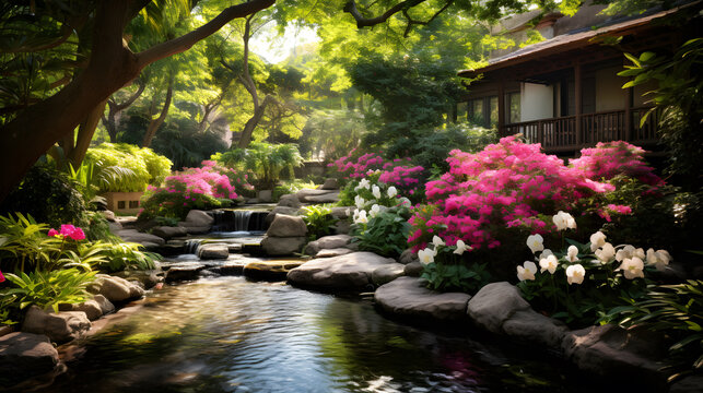 Explore the beauty of a secret garden oasis with this photography. It reveals a hidden sanctuary bursting with exotic flowers, meandering pathways, and a tranquil pond surrounded by lush foliage.