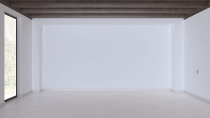 Empty room interior design, open space with resin floor, window and white walls, dark wooden beams ceiling, minimal modern architecture concept idea