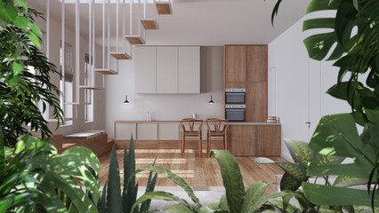 Jungle frame, biophilic idea. Tropical leaves over minimal kitchen with dining island. Urban jungle interior design. Biophilia concept
