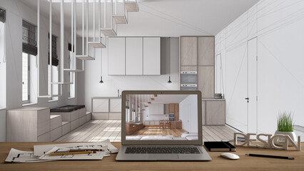 Architect designer desktop concept, laptop on wooden work desk with screen showing interior design...