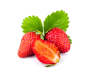 Three strawberries with strawberry leaf on white background.