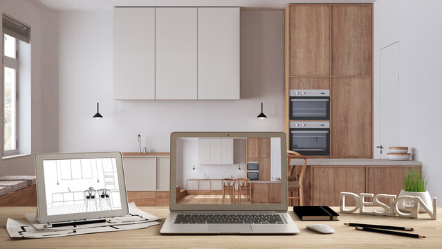 Architect designer desktop concept, laptop and tablet on wooden desk with screen showing interior design project and CAD sketch, blurred draft in the background, minimal kitchen