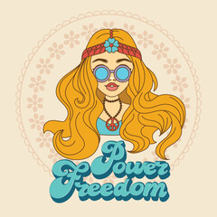 Power Freedom. a groovy hippie girl. rainbow postcard, poster