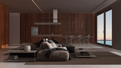 Dark late evening scene, minimal wooden kitchen with dining island and living room. Sofa and...