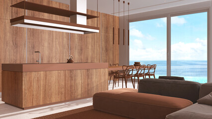 Minimal modern wooden kitchen and dining room, living room with sofa in white and orange tones. Resin floor and panoramic window with sea landscape. Luxury interior design