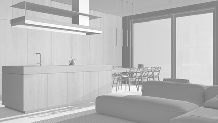 Total white project draft, minimal modern wooden kitchen and dining room, living room with sofa. Resin floor and panoramic window. Luxury interior design