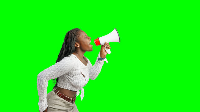 Art collage. A woman with a megaphone on free green screen Background. Promotion, action, ad, job questions, discussion. Vacancy. Business concept, communication, information, news.