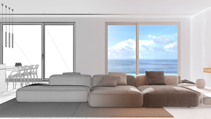 Architect interior designer concept: hand-drawn draft unfinished project that becomes real, minimal modern panoramic living room with velvet sofa. Luxury style