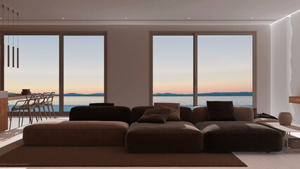 Fototapeta premium Dark late evening scene, minimal modern panoramic living room with velvet sofa in white and green tones. Resin floor, carpet and windows. Luxury interior design