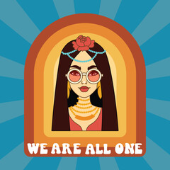  Hippie girl in 60s-70s style, 'We are all one' text. Poster or card.